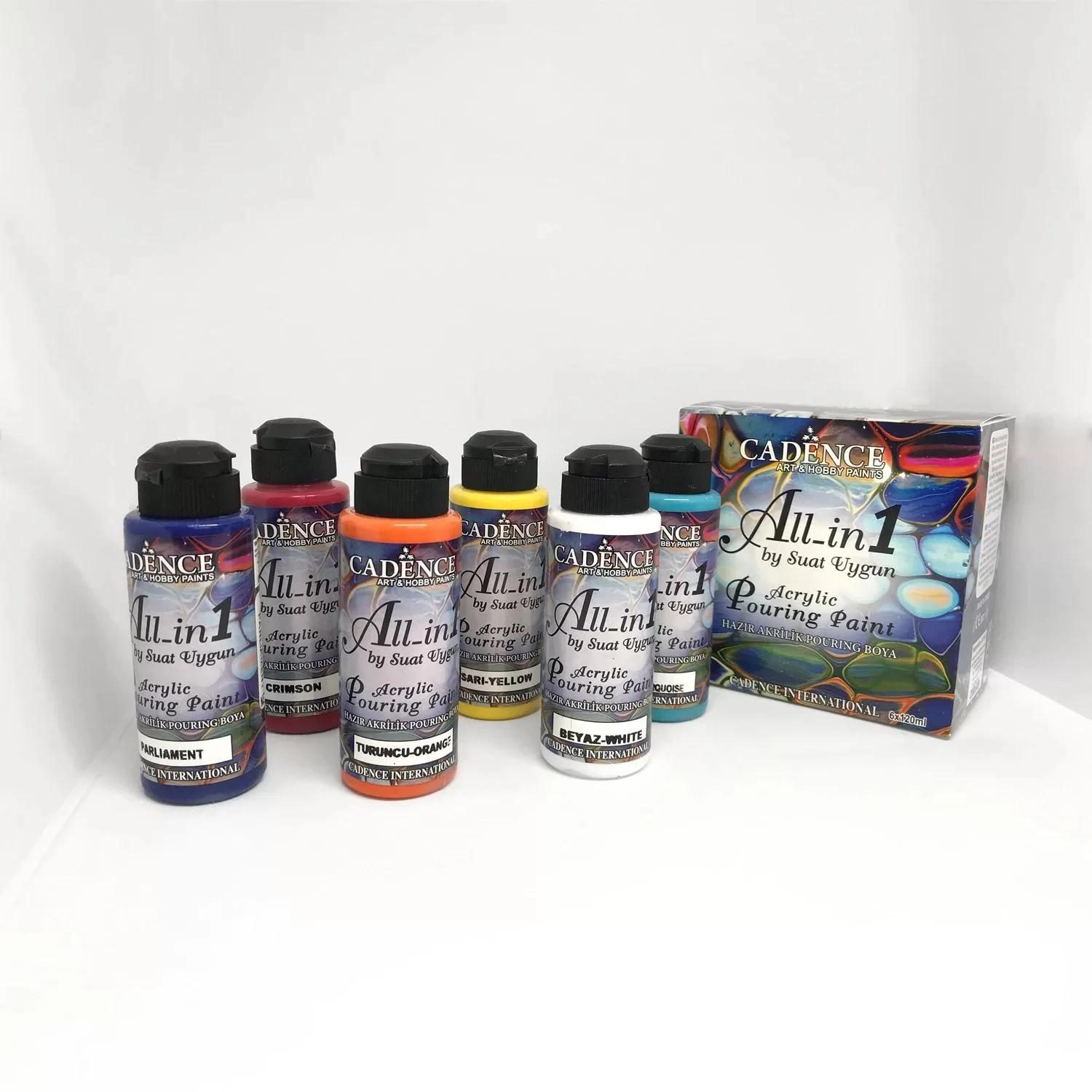 Ready-to-Use Acrylic Pouring Set All in One 6 color ;Paint in bottles(120 ml-4 oz) white, yellow, parliament, orange, turquoise, and crimson