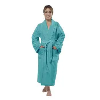 100% Turkish Cotton Frette Striped Velour Shawl Collar Women’s Bathrobe By Chesme Turquoise -s Small