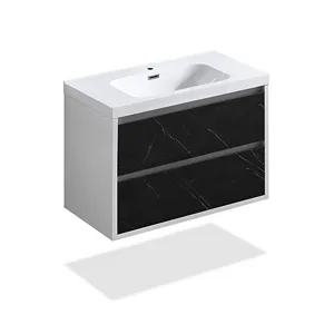 32" Pietra Grey & White Glossy Wall-Mounted Bathroom Vanity Set With Polymarble Top