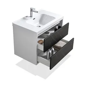 32" Pietra Grey & White Glossy Wall-Mounted Bathroom Vanity Set With Polymarble Top