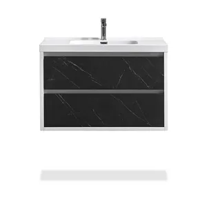 36" Pietra Grey & White Glossy Wall-Mount Bathroom Vanity Set With Polymarble Top - Cheap Bathroom Vanities