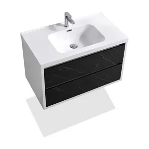 36" Pietra Grey & White Glossy Wall-Mount Bathroom Vanity Set With Polymarble Top - Cheap Bathroom Vanities