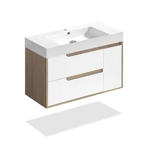 36" White and Oak Wall-Mount Vanity Set With Polymabrle Top and Sloped Sink