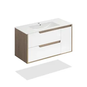 36" White and Oak Wall-Mount Vanity Set With Porcelain Top