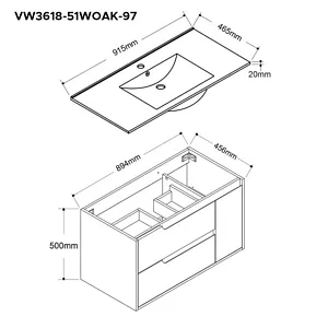 36" White and Oak Wall-Mount Vanity Set With Porcelain Top