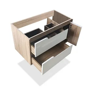 36" White and Oak Wall-Mount Vanity With 1 Door and 2 Drawers