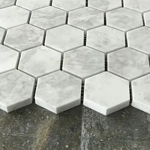 Alicha 2" Hexagon Polished Mosaic in White & Gray Marble, 10.5"x12