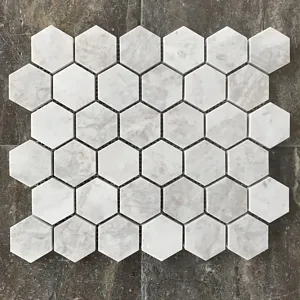 Alicha 2" Hexagon Polished Mosaic in White & Gray Marble, 10.5"x12