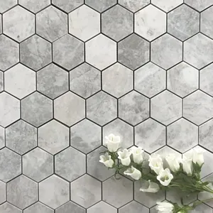 Alicha 3" Hexagon Polished Mosaic in White & Gray Marble, 10.75"x12.25