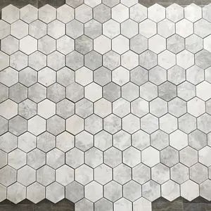 Alicha 3" Hexagon Polished Mosaic in White & Gray Marble, 10.75"x12.25