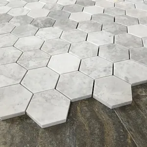 Alicha 3" Hexagon Polished Mosaic in White & Gray Marble, 10.75"x12.25