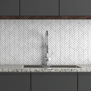 Polished White Marble Mosaic in Herringbone Pattern, 11"x11.5" (Individual Chip Size 1"x4")
