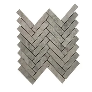 Polished White Marble Mosaic in Herringbone Pattern, 11"x11.5" (Individual Chip Size 1"x4")