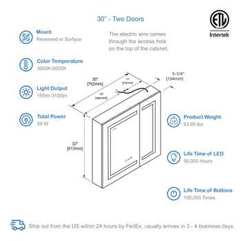 Aspera  LED Medicine Cabinet 36 Black Aluminum Three Doors