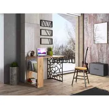 Atlantic Pine & Black Asya Study Desk: 2 Shelves & Metal Leg Design