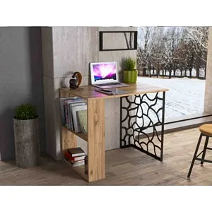 Atlantic Pine & Black Asya Study Desk: 2 Shelves & Metal Leg Design