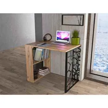 Atlantic Pine & Black Asya Study Desk: 2 Shelves & Metal Leg Design