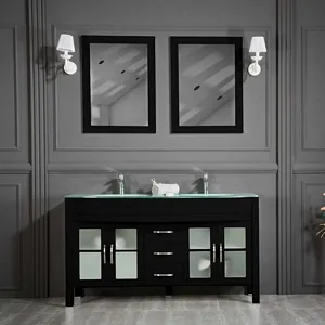 Jersey City 60" Black Double Sink Bathroom Cabinet (Included Temper Glass Countertop)