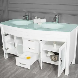 Jersey City 60" White Double Sink Bathroom Cabinet INCLUDED Temper glass Counter Top (Free shipping)