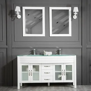 Jersey City 60" White Double Sink Bathroom Cabinet INCLUDED Temper glass Counter Top (Free shipping)