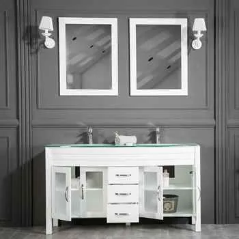 Jersey City 60" White Double Sink Bathroom Cabinet INCLUDED Temper glass Counter Top (Free shipping)