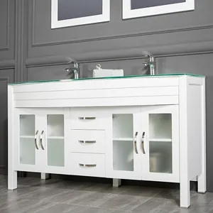 Jersey City 60" White Double Sink Bathroom Cabinet INCLUDED Temper glass Counter Top (Free shipping)