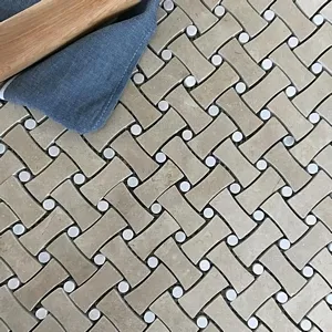 Basketweave Waterjet Mosaic Crema Marfil and Pure White Marble 11.75"X11.75"