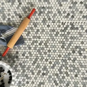 Bianco Carrara Marble And Blue Stone Mix Penny Round Marble Mosaic Mosaic 12"x12"