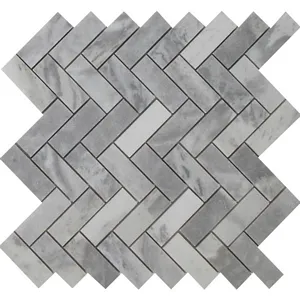 Blue De Argentiono Herringbone Mosaic Polished Marble 11"x11" (1"x2.5" Chip Size) - <b>extra 6% off</b>