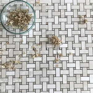 Botticino Polished Marble Basketweave Mosaic With Light Emperador Dots Beige 12"x12"