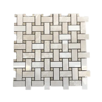 Botticino Polished Marble Basketweave Mosaic With Light Emperador Dots Beige 12"x12"
