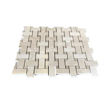 Botticino Polished Marble Basketweave Mosaic With Light Emperador Dots Beige 12"x12"