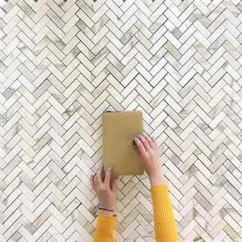 Calacatta Marble Mosaic Polished Herringbone White & Beige 12"x12" (1"x3" Chip Size)