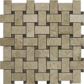 Cappuccino Basketweave Marble Mosaic Polished Beige Color With Dark Emprador Dot Marble 12"x12" 1"x2"