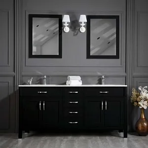 Edison 72" Black Double Sink Bathroom Cabinet INCLUDED Double sink Carrara Marble Counter top and 2 Porcelain sink- Free Shipping