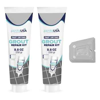 Grey 8.8 oz (2 Pack) PentaUSA Premixed Grout Repair Set with Scraper, Ready To Use