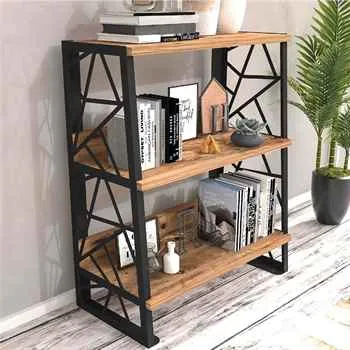 23" Versatile 3-Tier Metal Bookshelf in Atlantic Pine / Black - Easy to Install and Clean