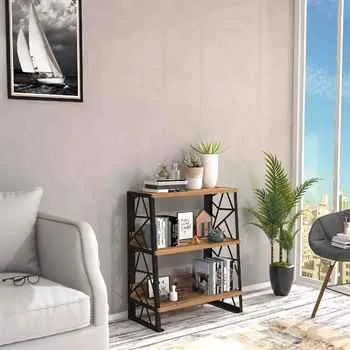 23" Versatile 3-Tier Metal Bookshelf in Atlantic Pine / Black - Easy to Install and Clean