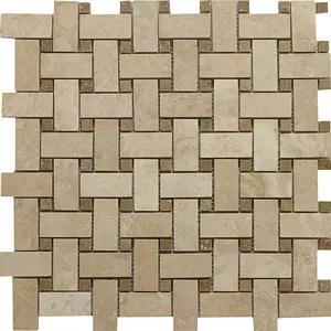 Light Travertine Basketweave Mosaic Filled&honed With Noce Dot Natural Stone 12"x12" (1"x2" Chip Size)