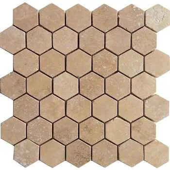 Light Travertine Hexagone Mosaic Filled&honed Natural Stone 12"x12" (2" Chip Size)