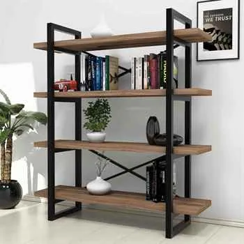 Modern Walnut Wood Bookcase With 4 Shelves