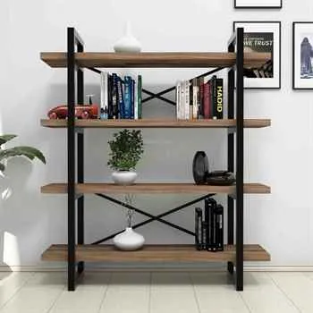 Modern Walnut Wood Bookcase With 4 Shelves