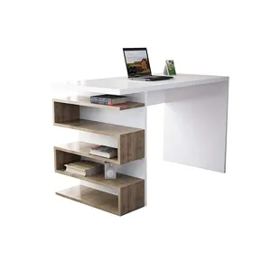 Modern White Computer Desk with 4-Shelves
