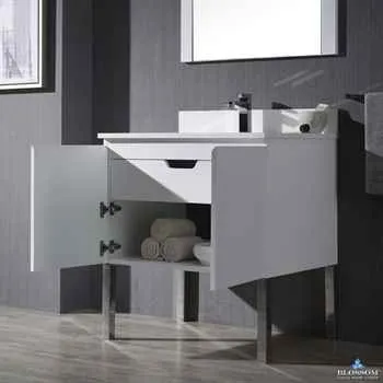 Monaco 30 Inch Glossy White Bathroom Vanity With Chrome Legs & Soft Close Doors