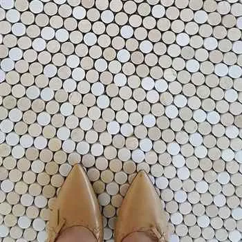 Penny Round Mosaic Thassos and Crema Marfil Marble Mix 11.25"x12.25" (3/4" Chip Size)