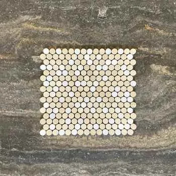 Penny Round Mosaic Thassos and Crema Marfil Marble Mix 11.25"x12.25" (3/4" Chip Size)