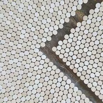 Penny Round Mosaic Thassos and Crema Marfil Marble Mix 11.25"x12.25" (3/4" Chip Size)