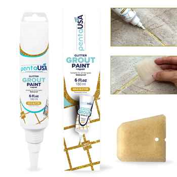 Pentausa GOLD Glitter Tile Grout 180 ml-6 fl oz Fast Drying Grout Paint, Shiny Grout Repair Kit - Renew Grout Lines in Bathroom, Kitchen, Countertops (180 ml, 6 Fl Oz) (Gold)