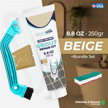 PentaUSA Tile Grout Repair Kit with Removal Tool,Sponge and Spatula 8.8 oz - 250gr BEIGE