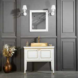 VANITY SALE Trenton White / Gold Bathroom Cabinet– 36 inches, White Color With Golden Glazed Frame On Door